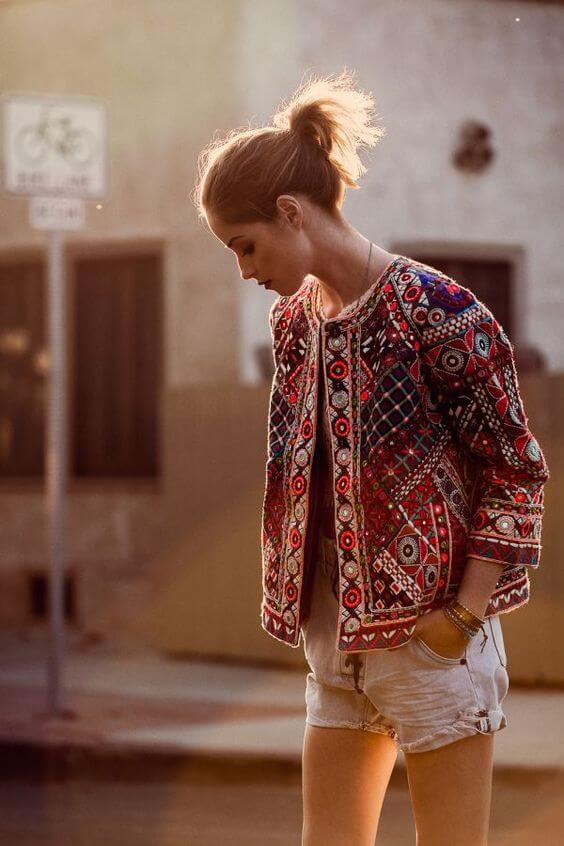 Heavy, intricate patchwork is stunning when paired with casual cut-offs.