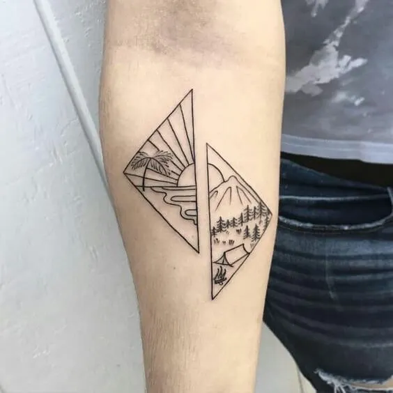 A stylized tattoo with allusion to seaside and mountain vacation
