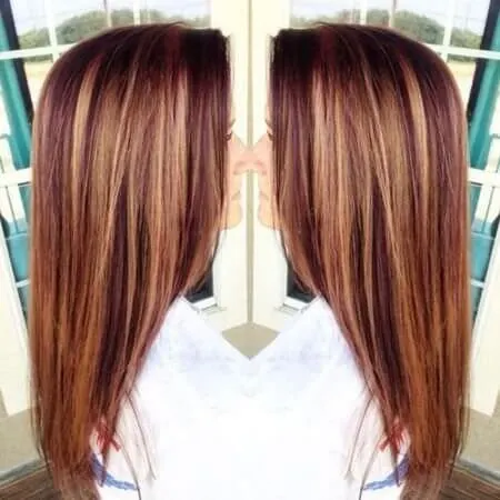 Caramel highlights to contrast with brown and plum red.