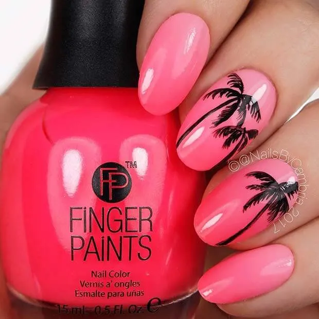Pink Nails with Tropical Design