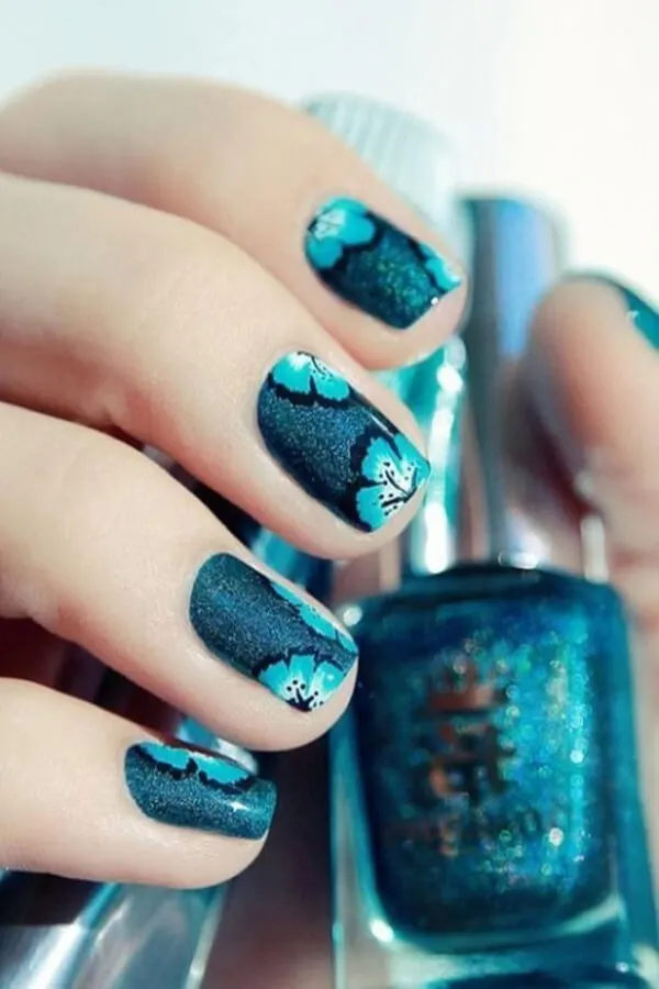 Blue Glitter and Flowers Nails