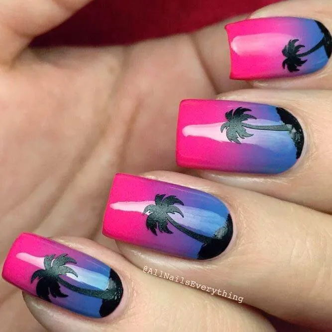 Palm Tree Sunset Nail Desing