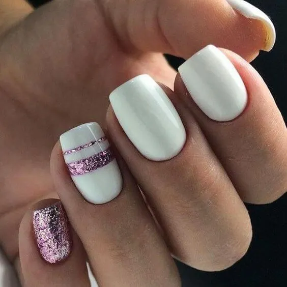 White Nails with Pink Glitter