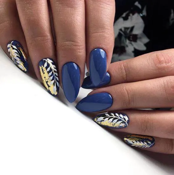 Navy-Blue and Gold Foils Nail Desing