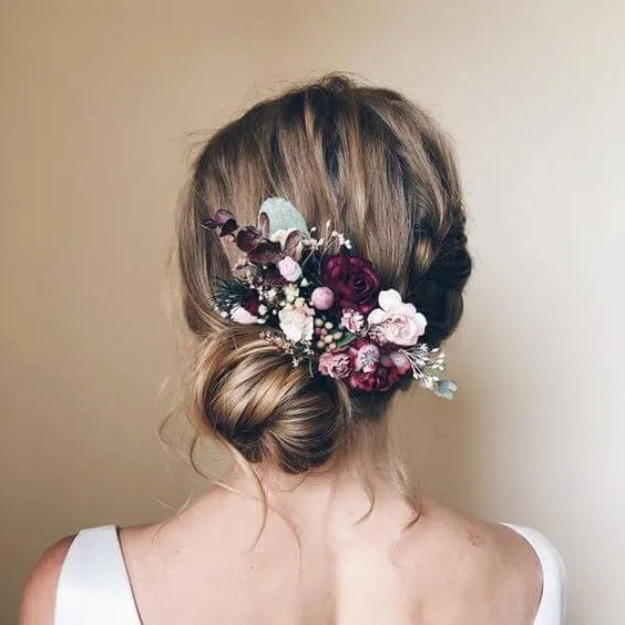 Side Bun and Bunch of Flowers