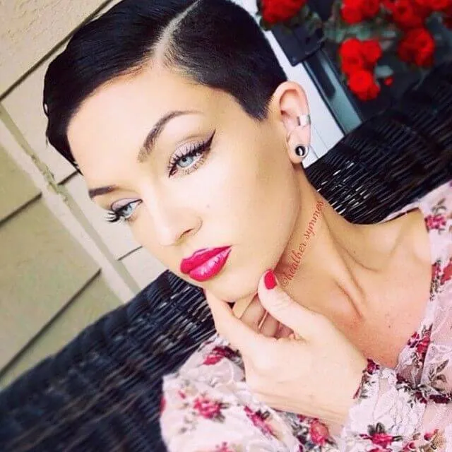 Slicked down pixie styles look gorgeous with feminine red lipstick.