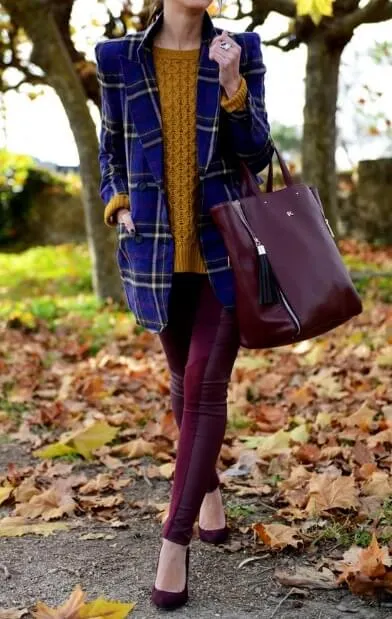 This outfit makes use of bold, daring colors plus a pop of preppy blue tartan tweed – just gorgeous!
