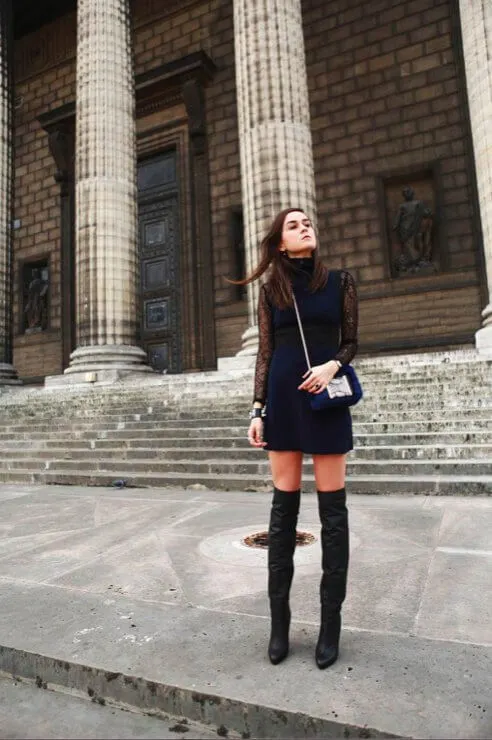 Navy-blue dress with lace sleeves has perfect straight cut. You can style it with your favorite pair of boots - thigh-highs. #cluboutfit #highboots