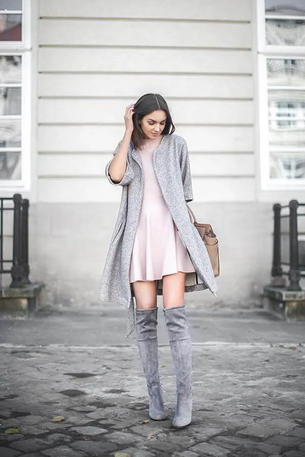 Grey suede surprisingly goes pretty well with any other shade. It is almost like you are wearing black. Style your thigh-high boots with the casual soft pink dress and add a grey coat over it. #highboots