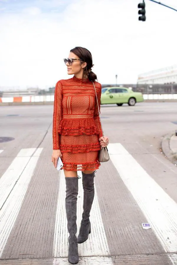 Orange lace dress looks very flowy and fashionable. If you want to wear it on a cold fall or winter days, then style it with grey thigh-high boots. #highboots