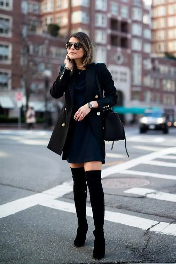 As a businesswoman, you need to have a dress like this in your wardrobe. Then you can style it with a tailored blazer and thigh-high boots. #highboots