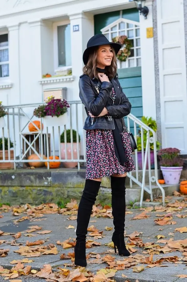 Moto leather jacket, flower dress, and thigh-high boots - all these items are must-haves in your wardrobe. And this is how they look when mixed. #highboots