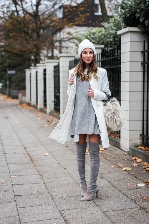 Grey and white make perfect winter combination, without making you look like a snowball. If you prefer interesting accessories, add fluffy handbag. #highboots