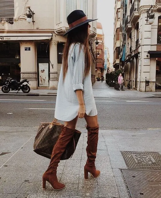 Wearing button-down as a dress is a great idea. If you want to make this look even more interesting, layer it with a long camel coat. #highboots