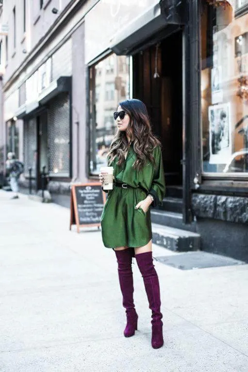 Tall boots look amazing if you style them with such effortless pieces. The dress in emerald paired with burgundy boots is the perfect choice for everyday wear. #highboots