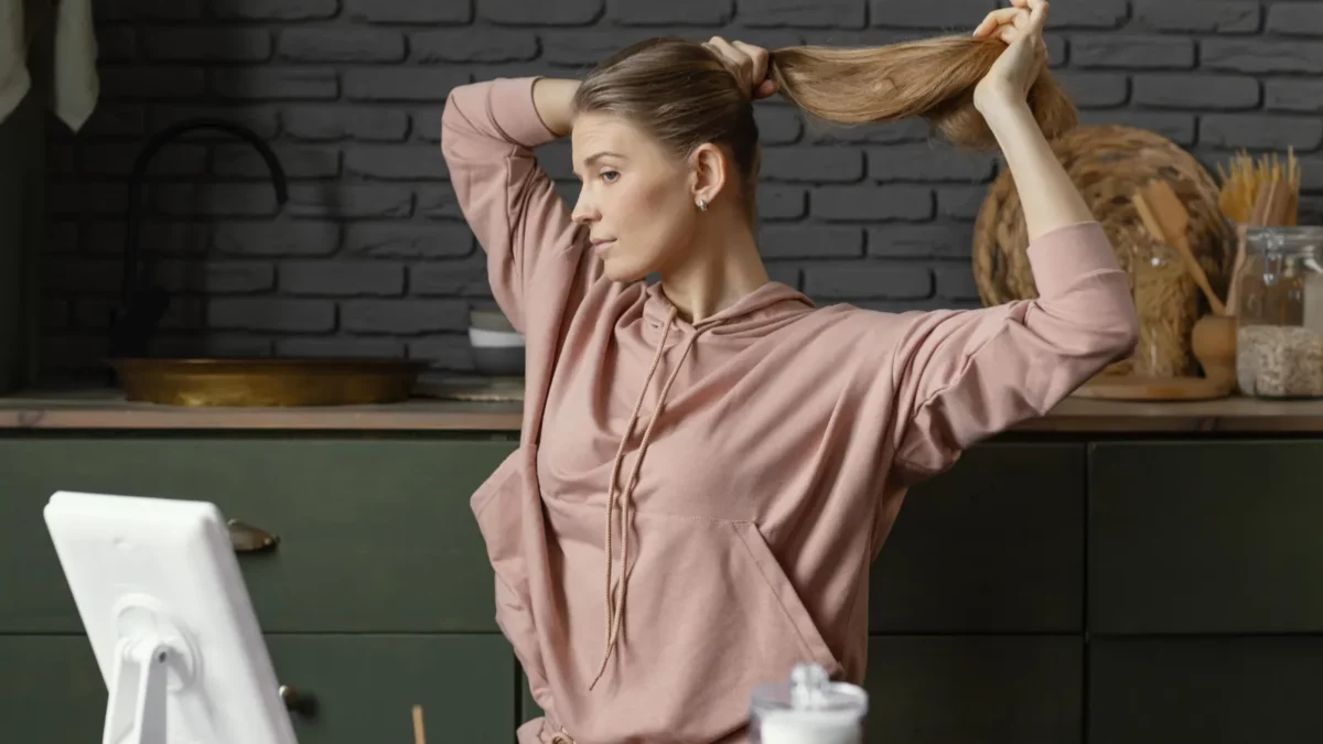 Woman tying her hair