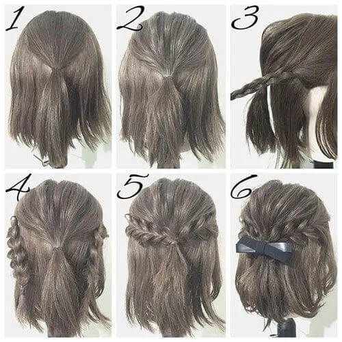 If your hair is just above shoulder length, you can recreate this braided look with a hair elastic and a bow.