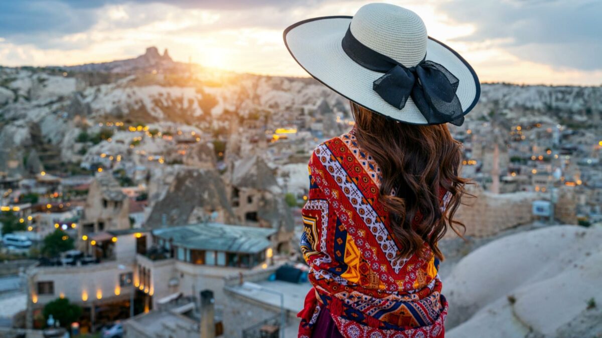 Woman enjoying view of Goreme town, Cappadocia in Turkey.
