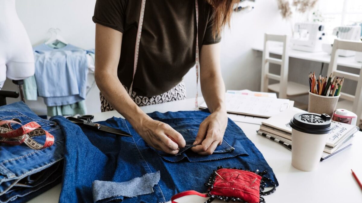 Woman mending clothes