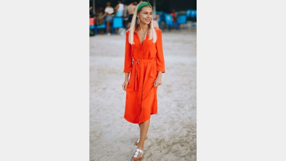 Woman red maxi dress vacation