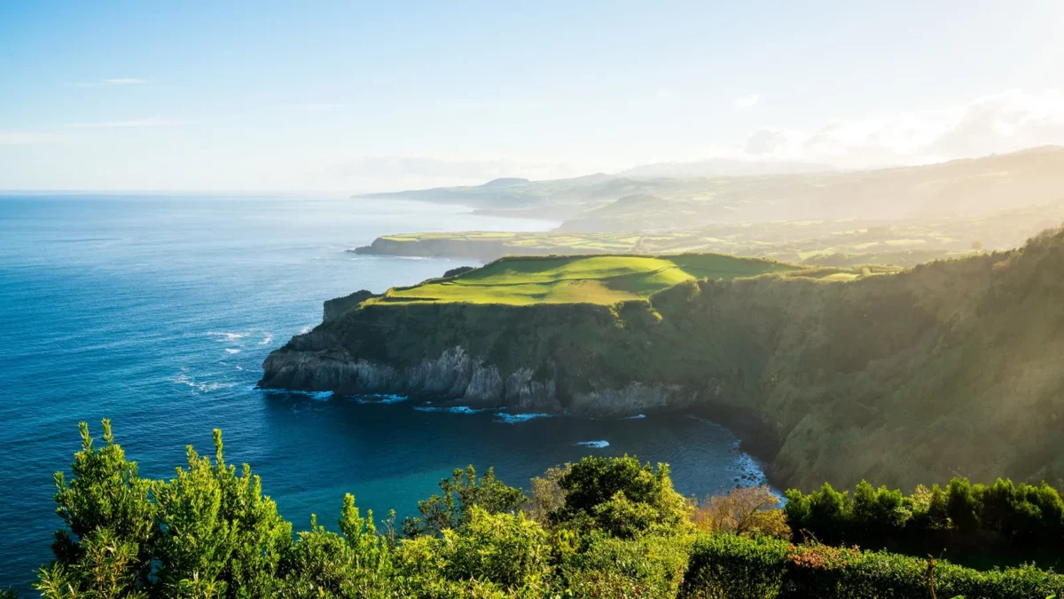Amazing view green cliff near sea in Azores archipelago, Portugal
