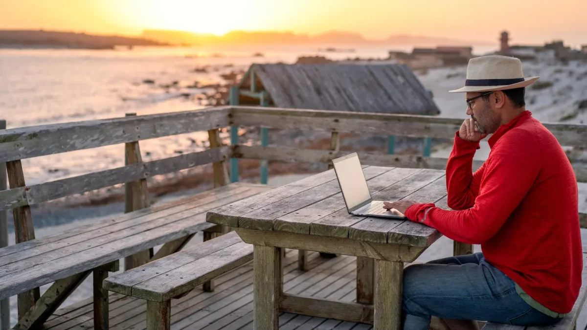 Digital nomad sitting outdoors in a beach with a laptop
