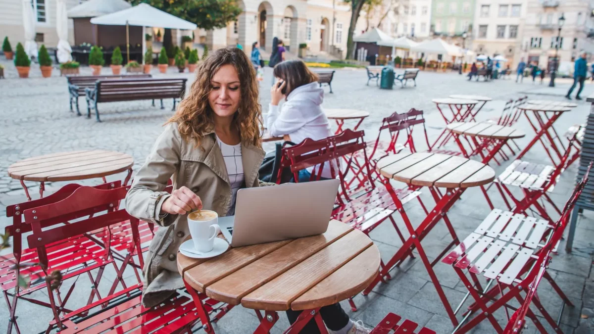 Woman drinking latte in Zagreb
