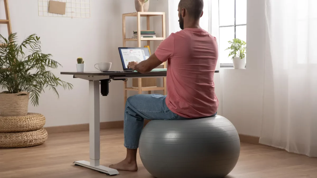 Working from home, sitting on a sitting ball