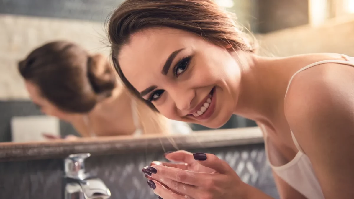 Girl smiling while washing up in the bathroom
