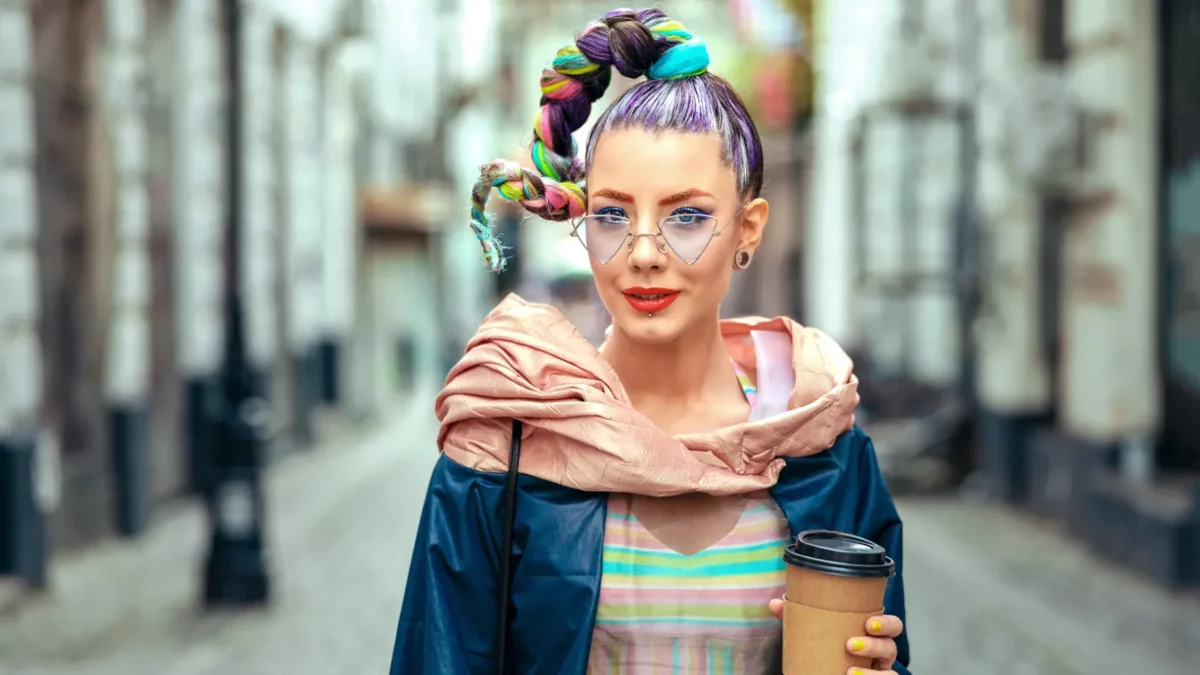 Hipster woman with trendy colorful avant garde look
