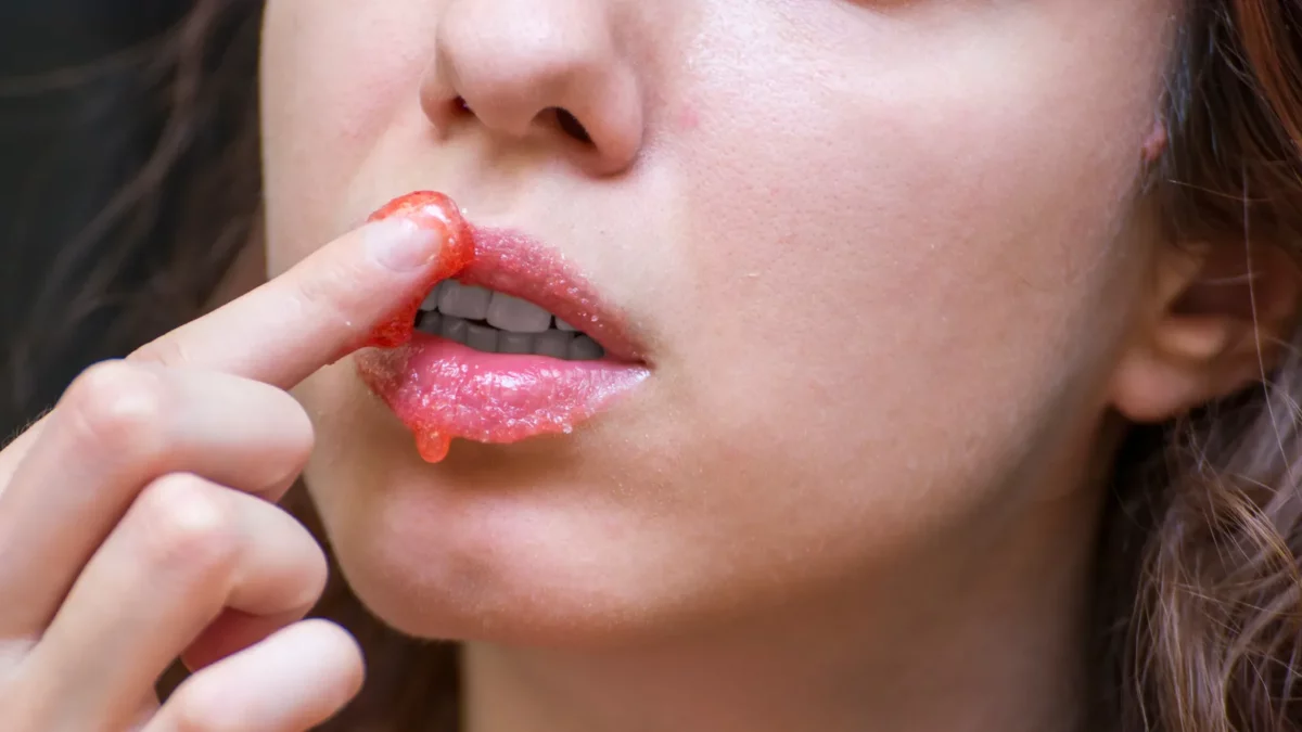 Strawberry lip scrub made at home to exfoliate lips