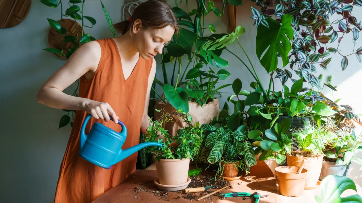 Woman carefully water plants