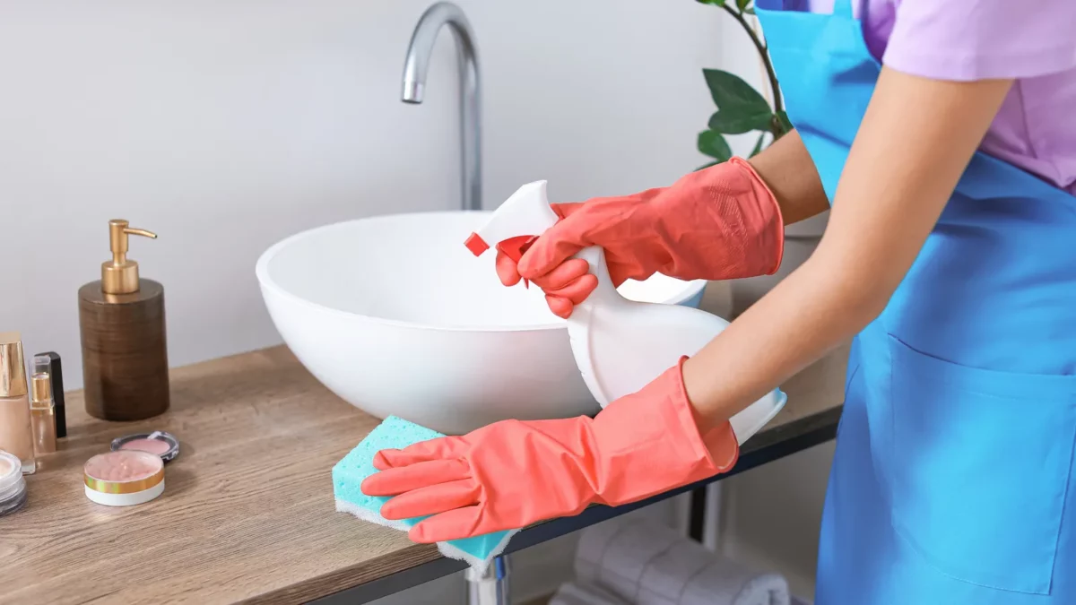 Woman cleaning bathroom
