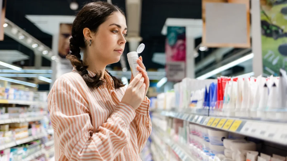 Woman looking for skin care products in supermarket