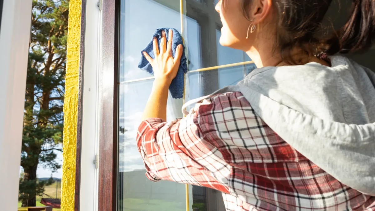 Woman manually washes the window of the house