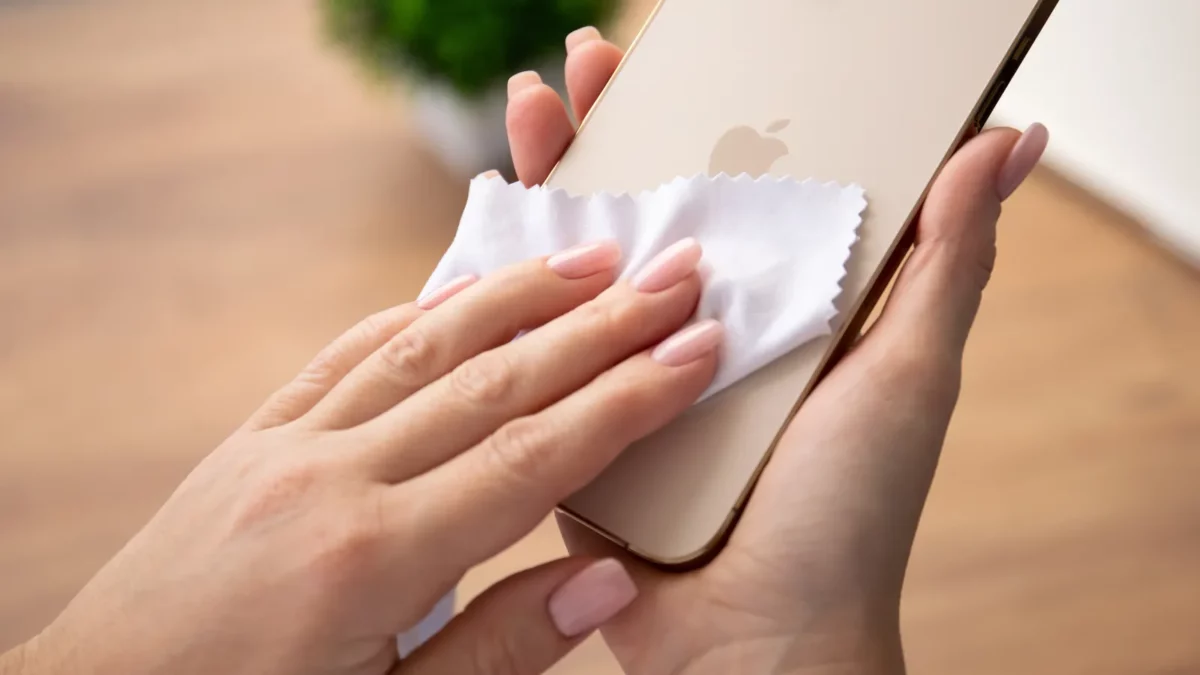 Woman rubs iphone with rag