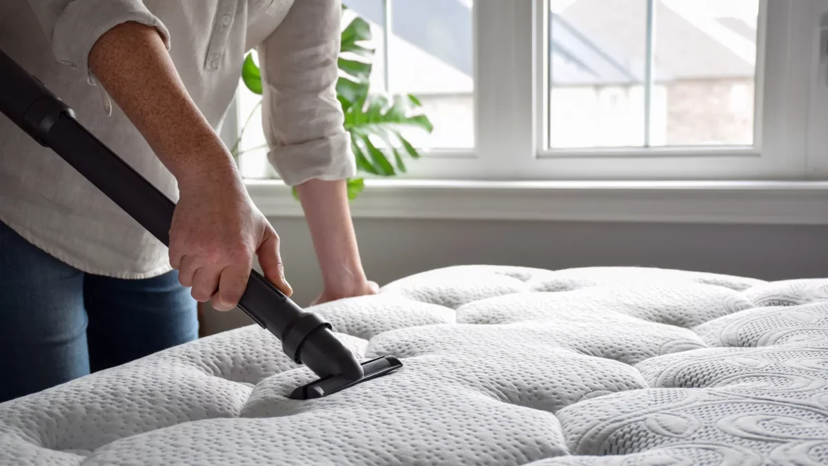 Woman using vacuum cleaner to vacuum mattress