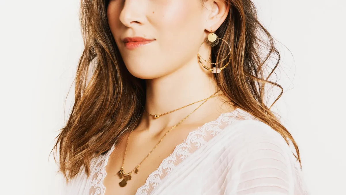 Woman wearing stylish earrings and necklace