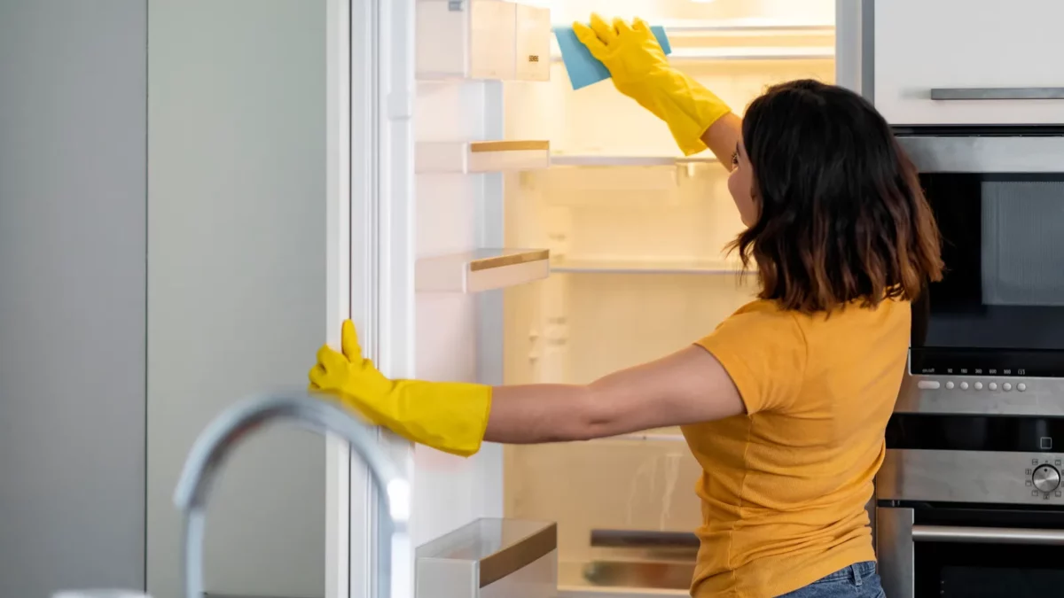 Woman wiping shelves in empty fridge