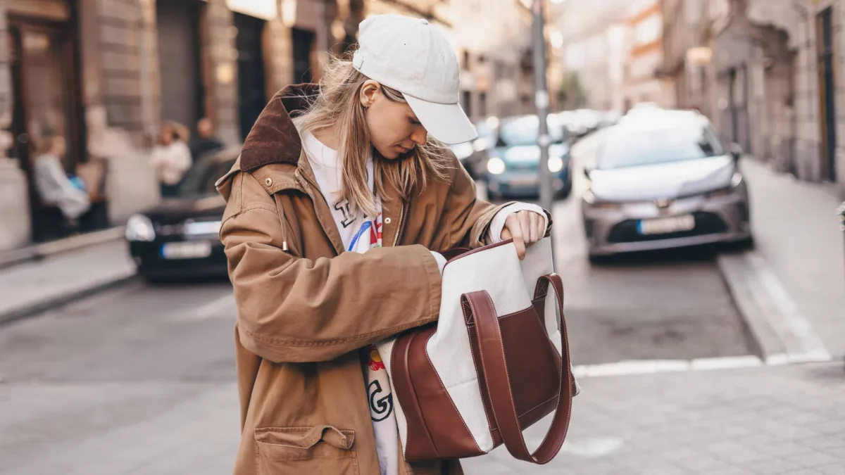 Woman with brown bag and trench coat