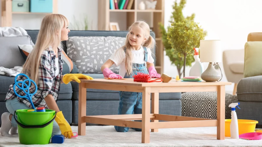 Mother and girl tidy up home