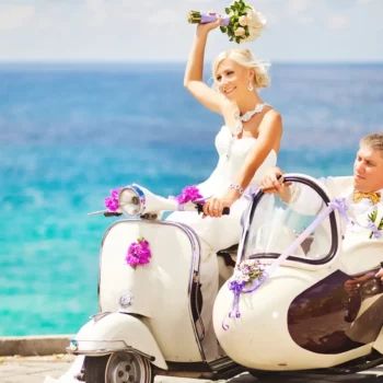 Wedding couple in a motorcycle