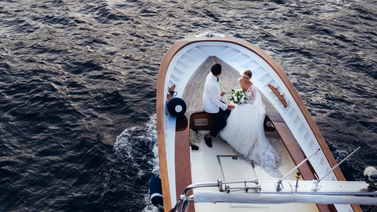 Wedding yacht with newlyweds