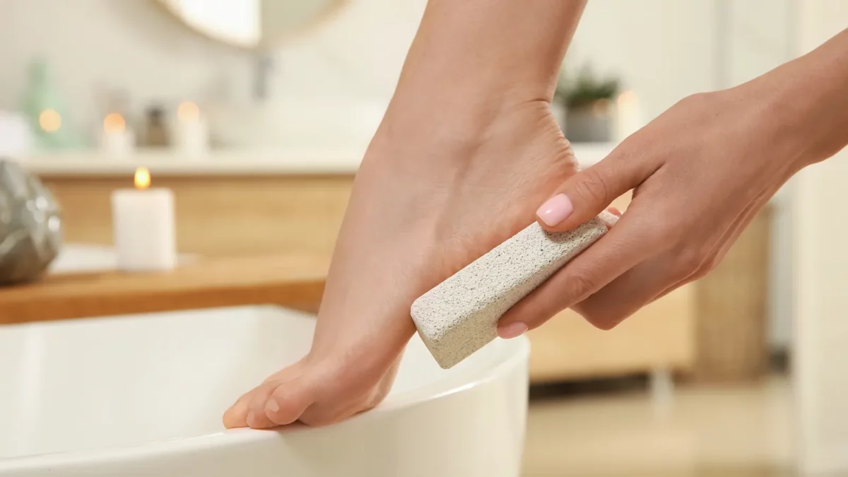 Woman using pumice stone for removing dead skin