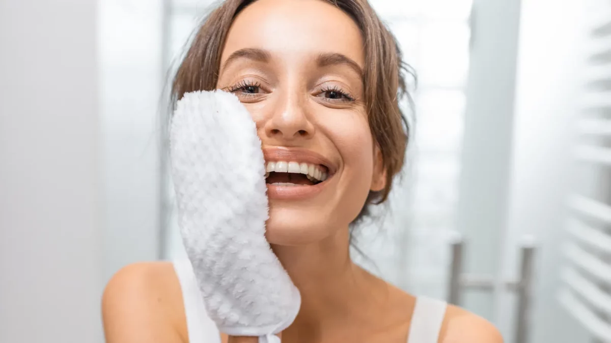 Woman with a shower exfoliating gloves